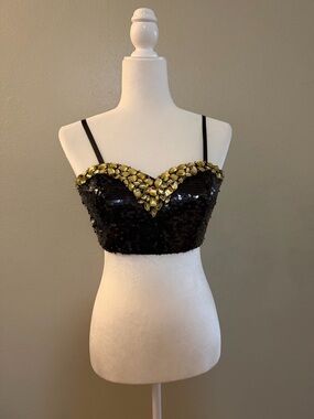 Alyce Paris Y2K Vintage Sequin Rhinestone Bustier Top Black Gold Size 4